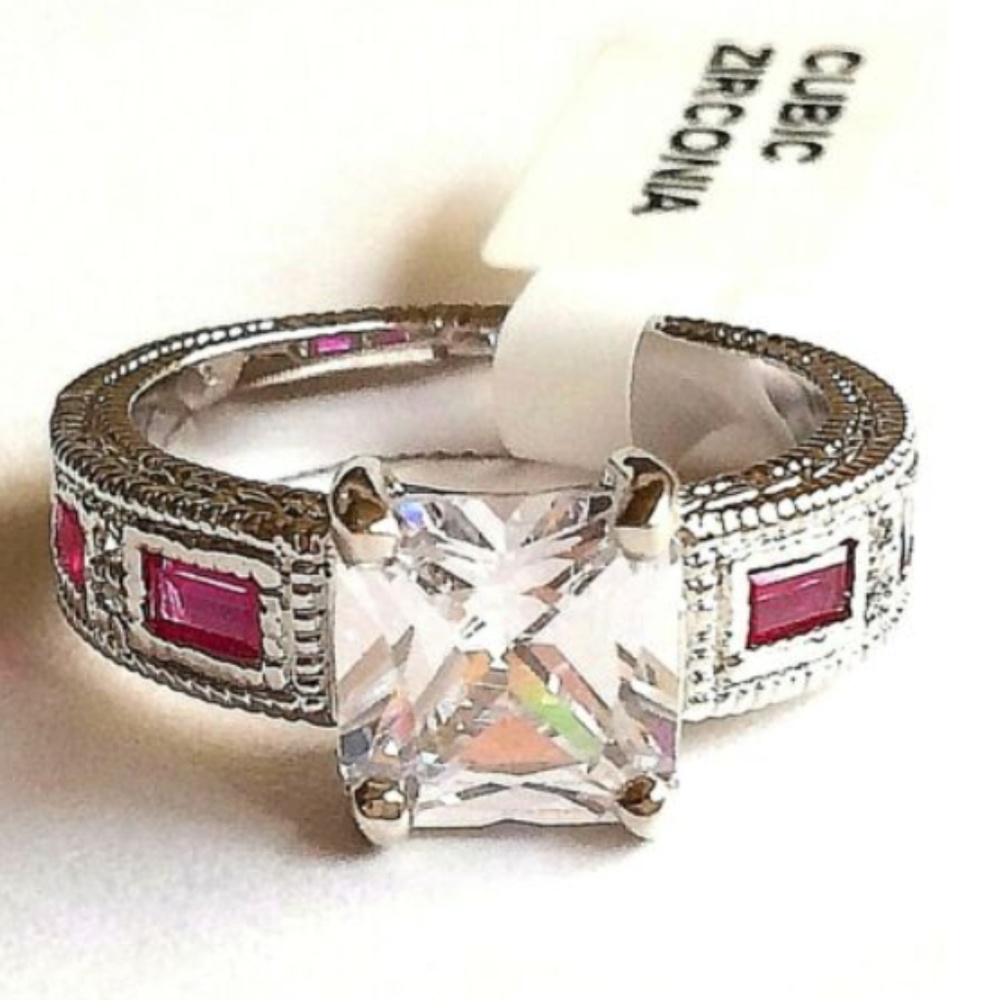 Silver Princess Cocktail Ring Pink Size 6 7 8 9 10 Rhodium Plated Cubic Zirconia